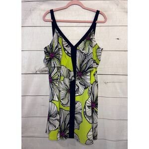 Trina Turk Size 14 Dress Neon Yellow Navy Trim Flowers